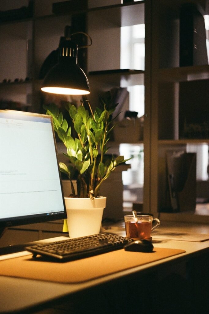 Cozy evening desk setup lit by a black desk lamp, with a plant, keyboard and monitor