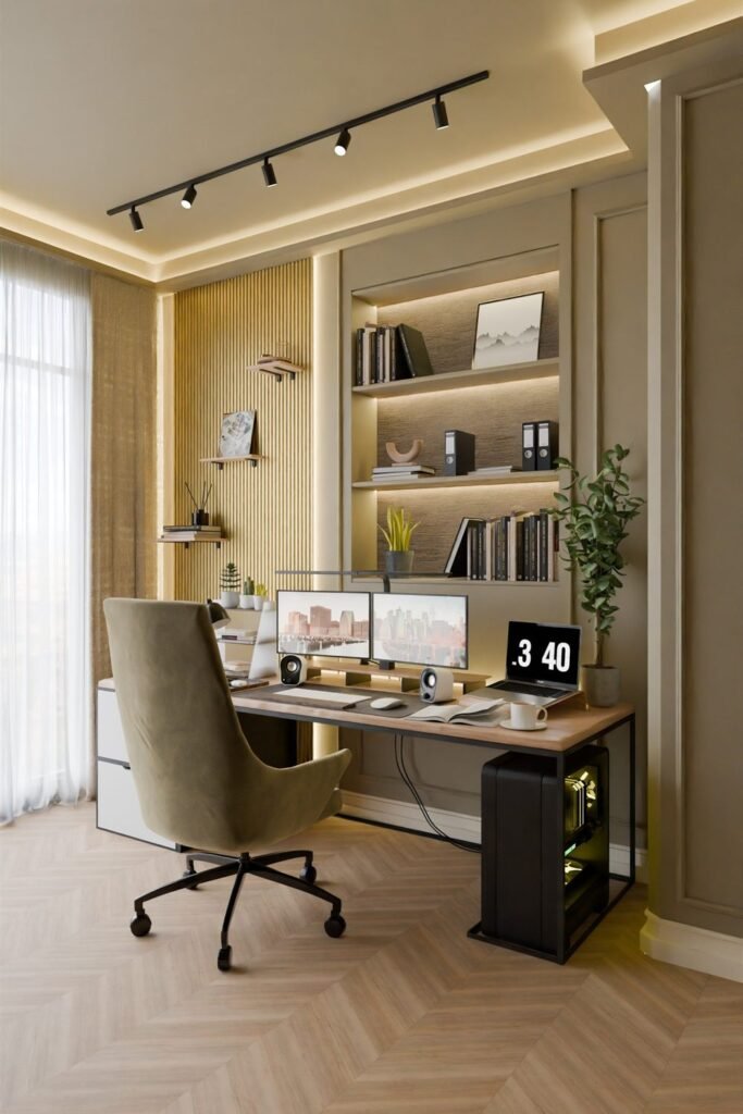 Home office with built-in lit shelves, ceiling track lights, a wooden desk with monitors and an upholstered chair