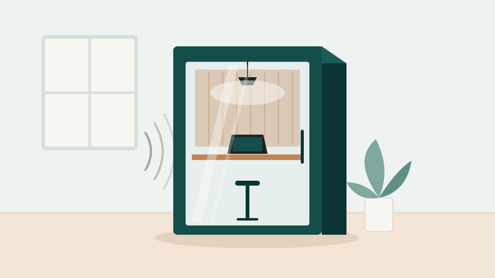 Illustration of a one-person office pod with a glass door, desk and light in a quiet office